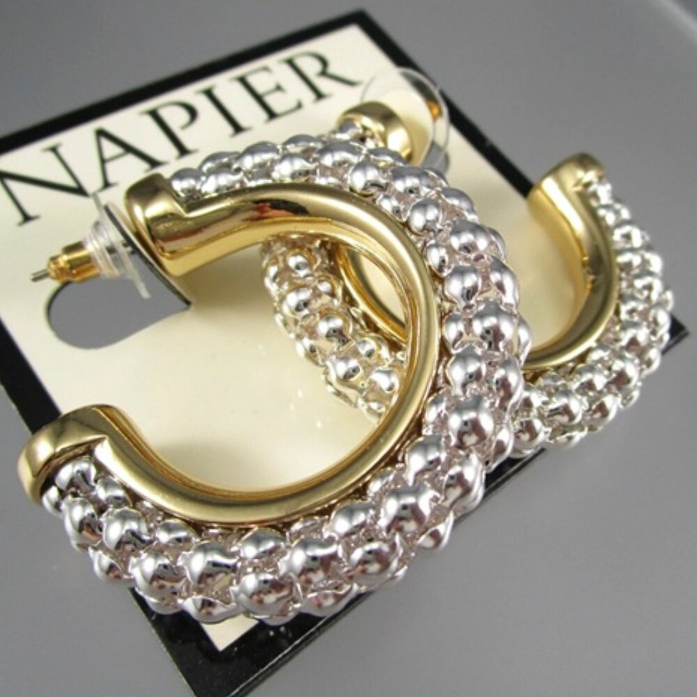 NAPIER Mod/Contemporary Two-Tone Popcorn Textured Bold Hoop Earrings**NEW! - Picture 2 of 3